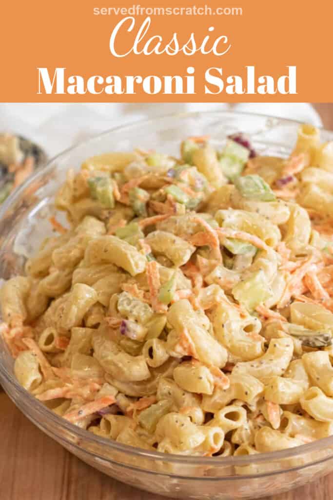 a bowl of macaroni salad with Pinterest pin text.