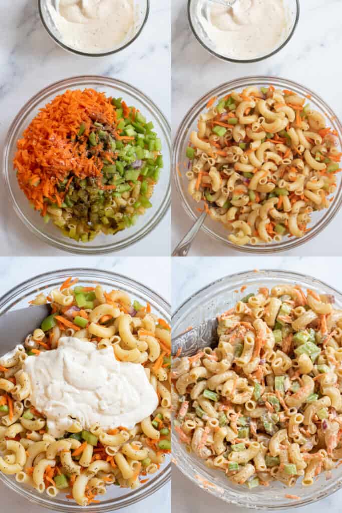 a large bowl of carrots, pickles, celery, onion, and mayo and then big bowl mixed and mayo, and two pictures below with mayo on macaroni, and it all mixed together.