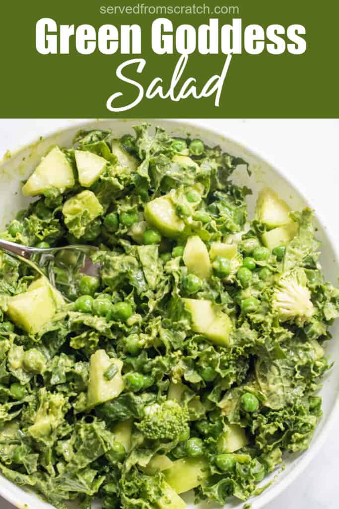 a big bowl of kale, pea, cucumber salad in a creamy green dressing with Pinterest pin text.