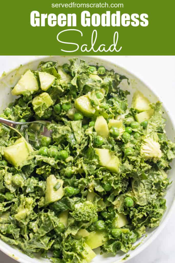 a bowl of salad of kale, cucumbers, peas, and a green dressing with Pinterest pin text.