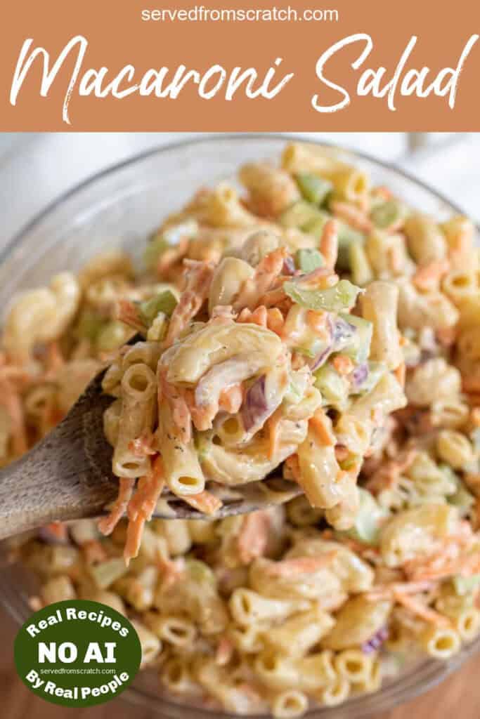 a large bowl of macaroni salad with a spoon with Pinterest pin text with NO AI sticker.