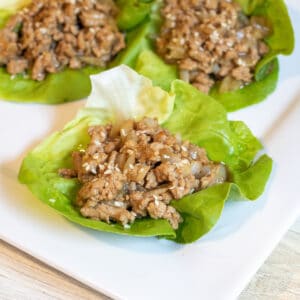 cooked ground turkey in a lettuce wrap.