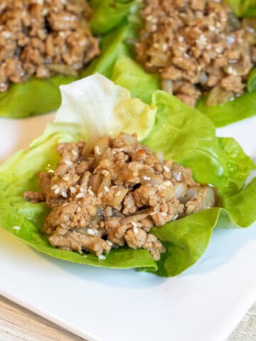 cooked ground turkey in a lettuce wrap.