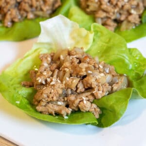 cooked ground turkey in a lettuce wrap.