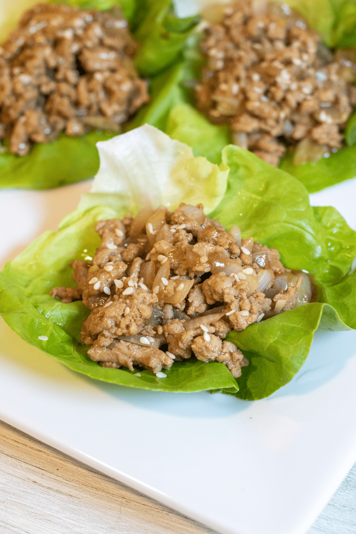 cooked ground turkey in a lettuce wrap.