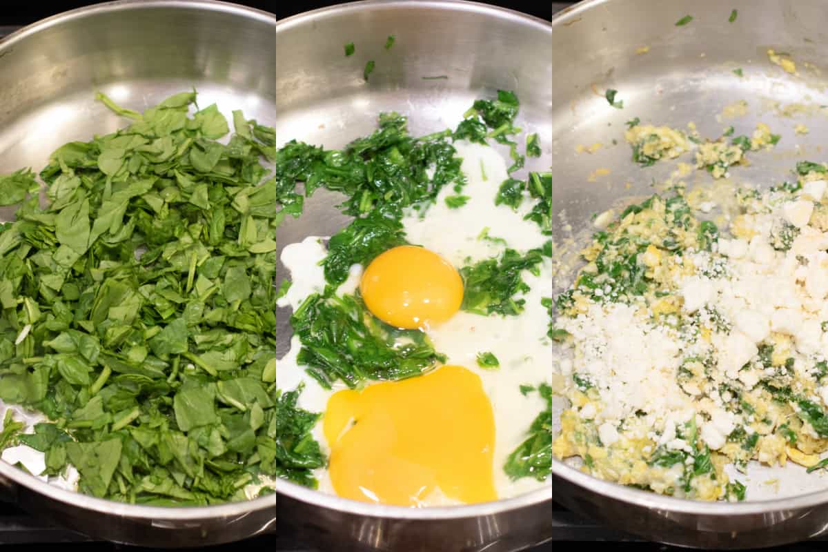 3 pics of a pan, one with spinach, with eggs added, and with it all cooked and topped with cheese.
