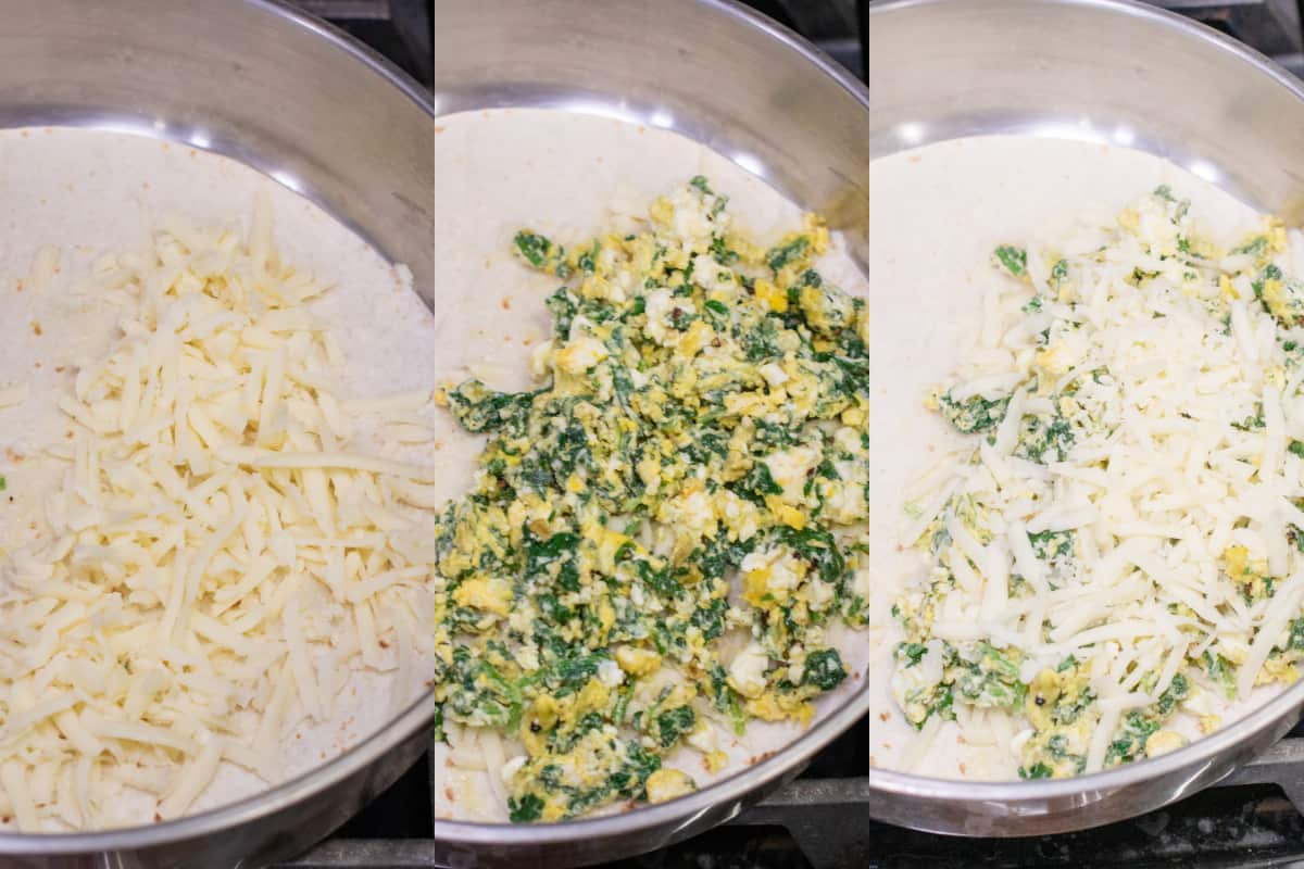 3 pictures of a tortilla in a pan with a layer of mozz cheese, topped with spinach and eggs, and topped again with mozzarella cheese.