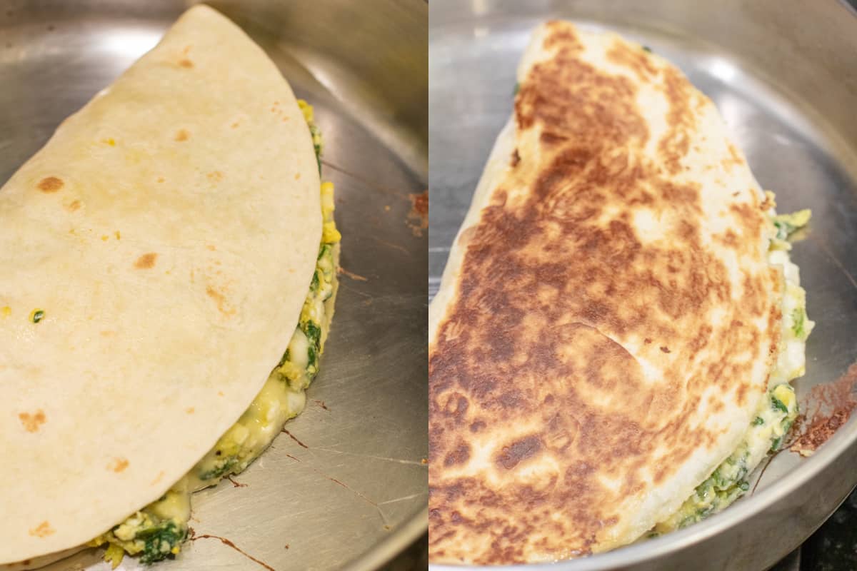 two pics of a untoasted half of quesadilla and a toasted quesadilla.