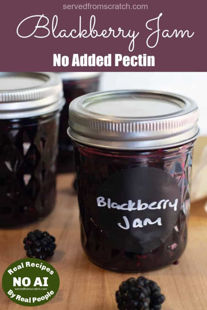 a couple of jars of labeled blackberry jam with Pinterest pin text with NO AI sticker.