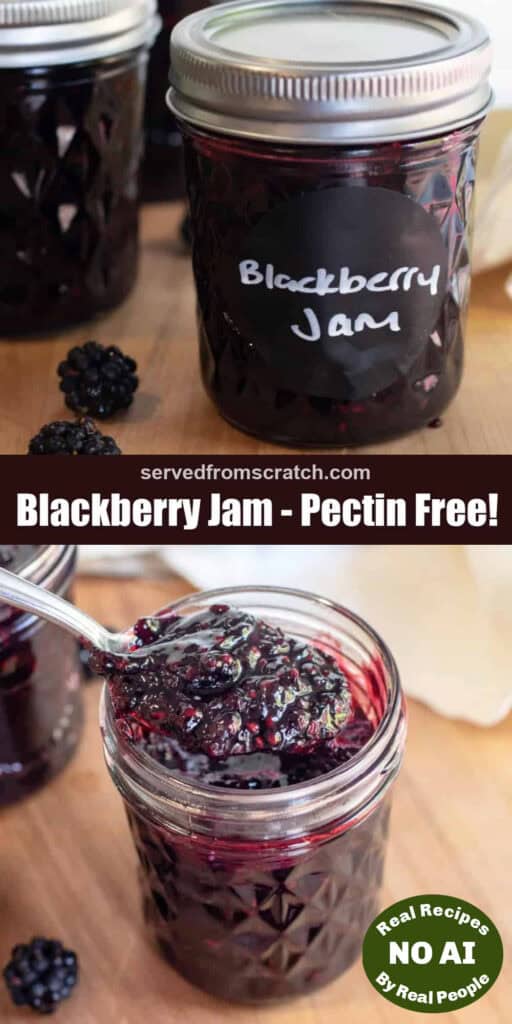 a couple of jars of labeled blackberry jam with Pinterest pin text and a jar of open blackberry jam with a spoon of jam with NO AI sticker.