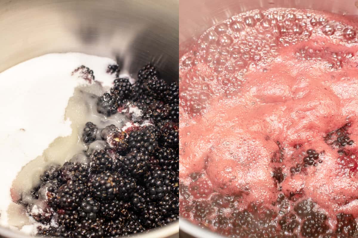 a pot of blackberries, lemon juice, and sugar and then a second pot of it all bubbling.