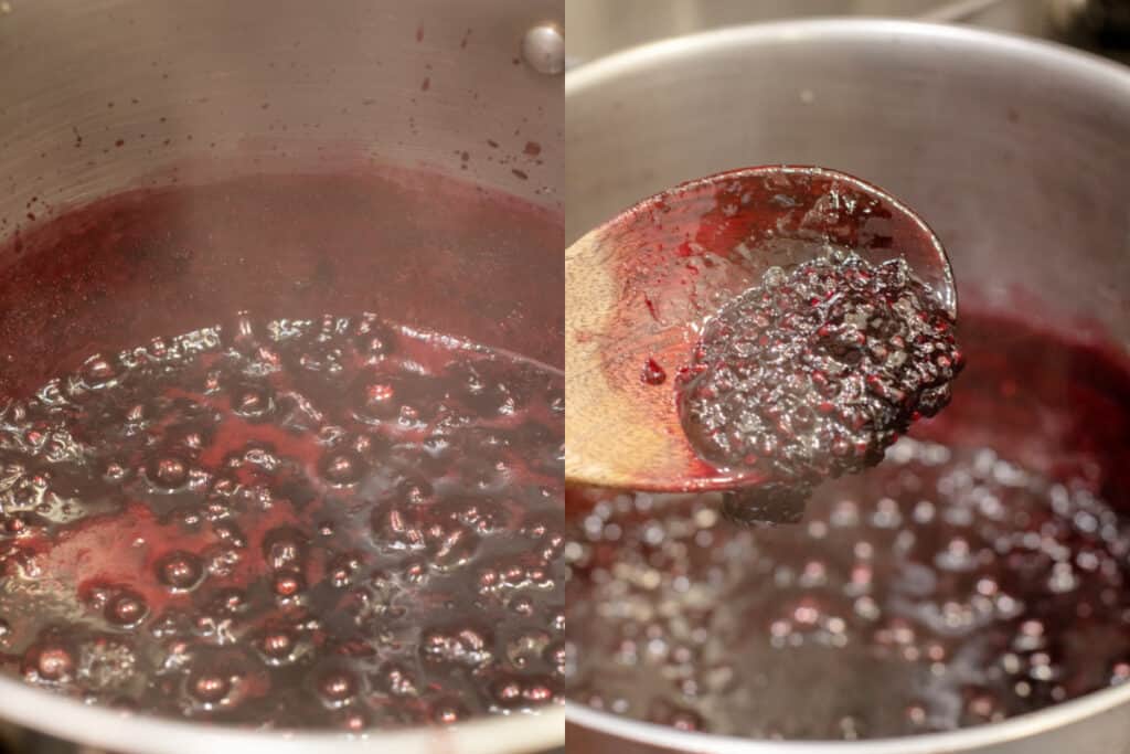 a pot of jam cooking down and a wooden spoonful of it over another pot.