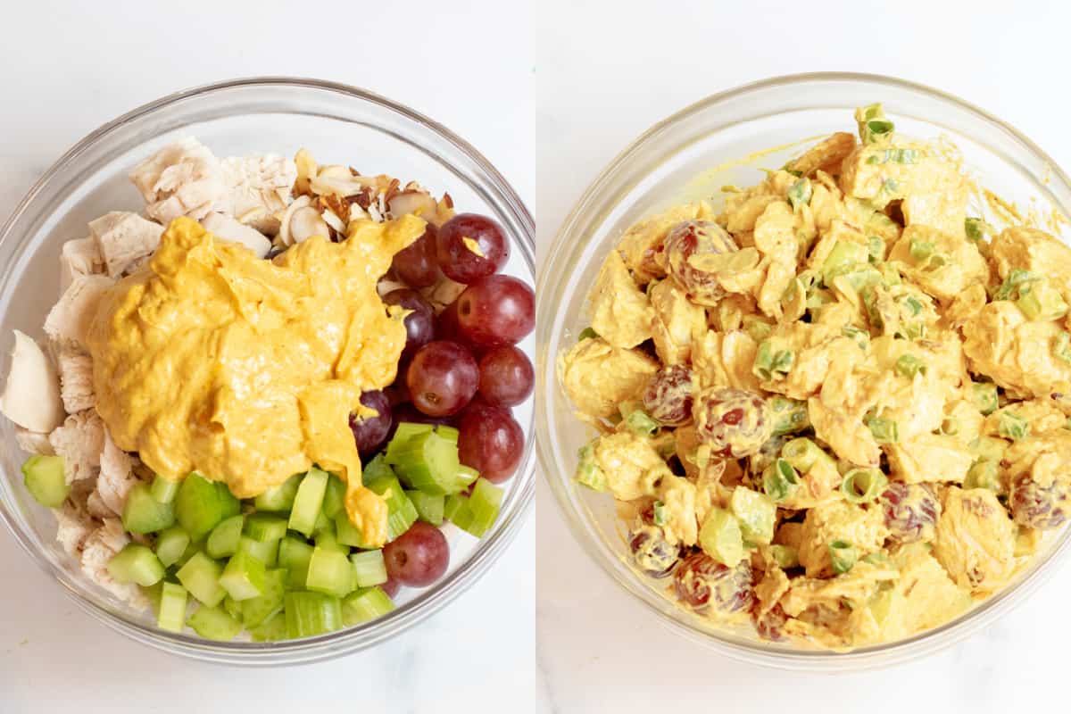 two bowls, one with grapes, chicken, celery, and a dressing on top and the other with it all mixed together.