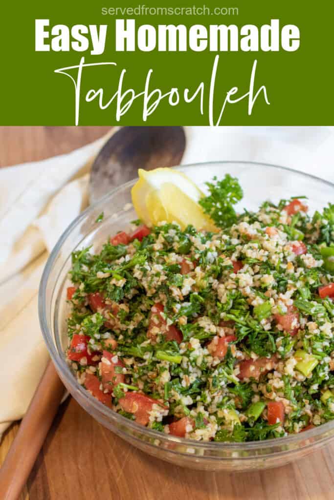 a large bowl of tabbouleh next to a wooden spoon with Pinterest pin text.