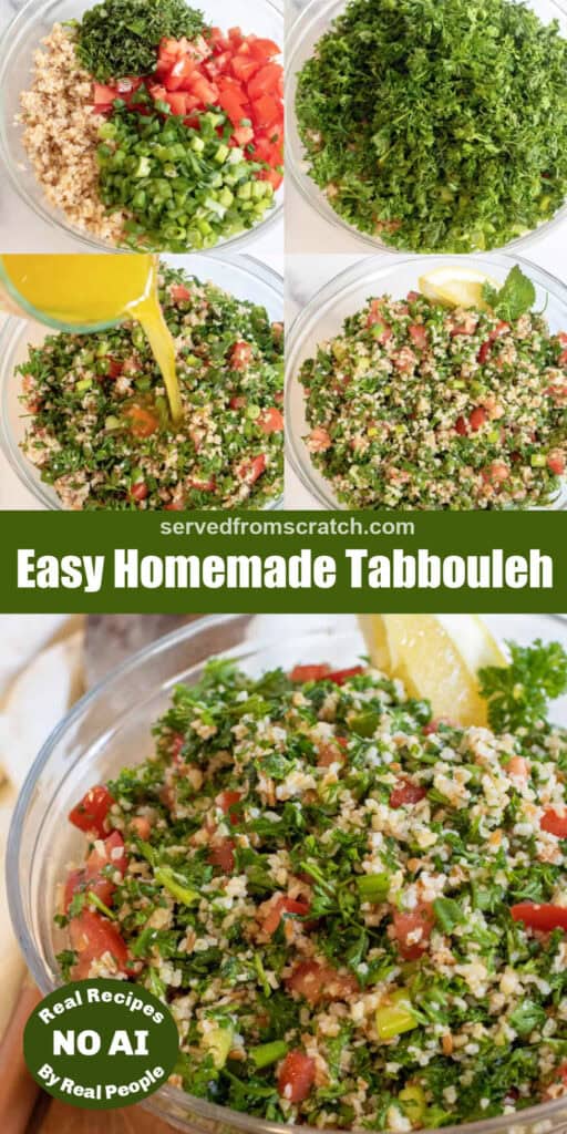 4 pictures of a bowl of bulgar wheat and tomatoes and then parsley added, then dressing being poured in and mixed, Pinterest pin text, and then a close up of a big bowl of tabbouleh and a NO AI sticker.