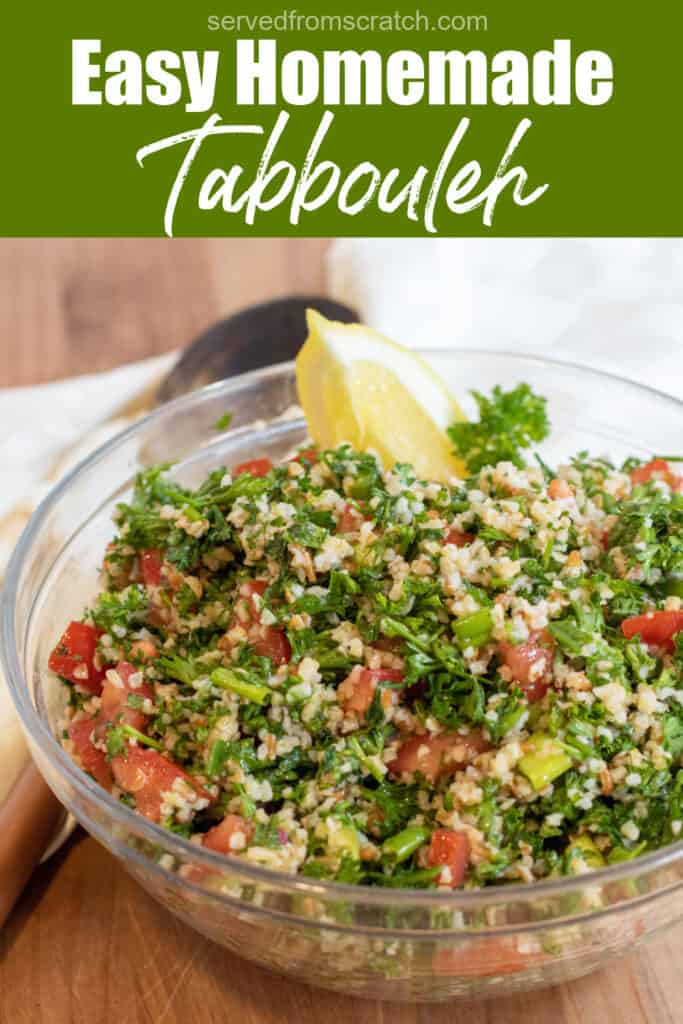 a large bowl of tabbouleh next to a wooden spoon with Pinterest pin text.