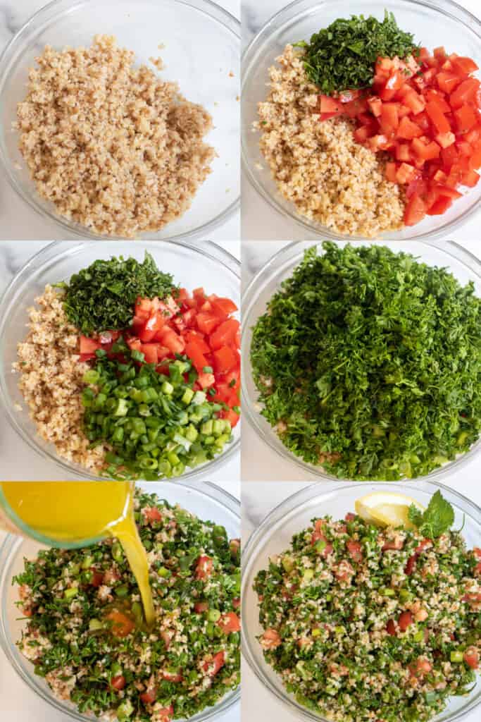 6 pictures one of bulgur in a bowl, then with tomatoes and mint, added onions, then topped with parsley, mixed and with dressing being poured in, and all mixed together.