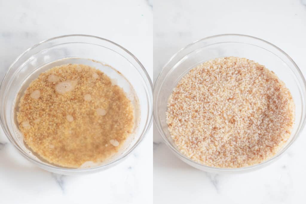 4 pictures, one of a bowl of water and bulgur.