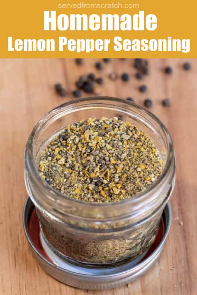 an open jar of lemon pepper seasoning with Pinterest pin text.