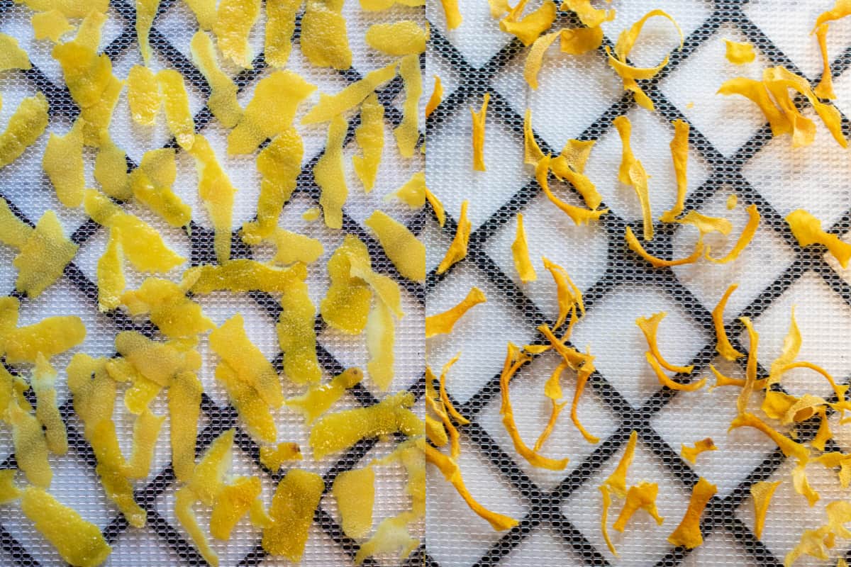 a tray of lemon peels and a tray of the peels dried.