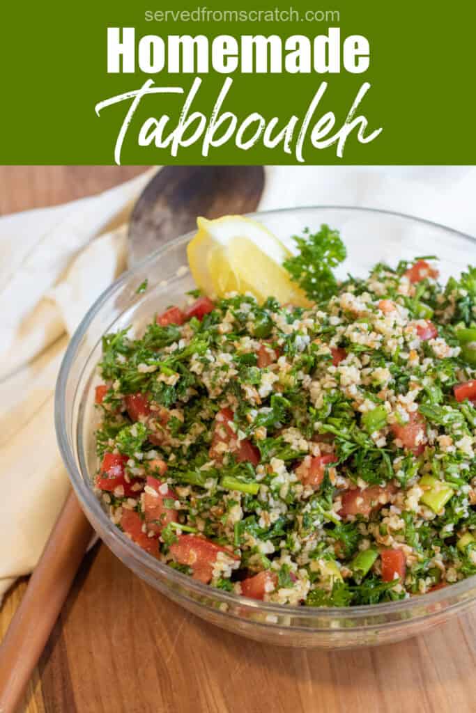 a wooden spoon holding some tabbouleh with Pinterest pin text.