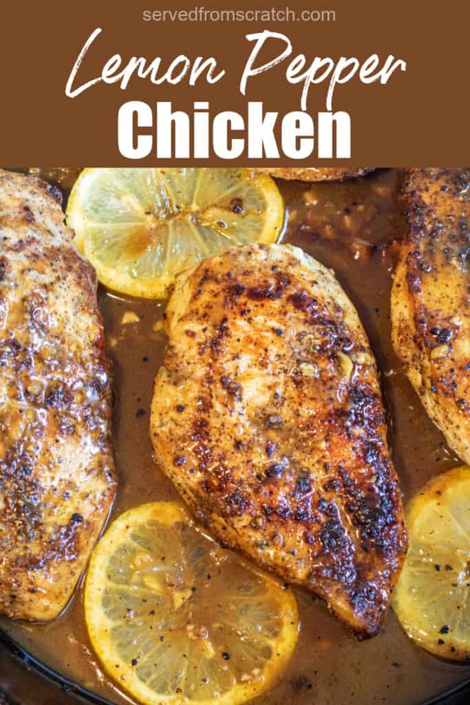 a pan with cooked chicken and Pinterest Pin text.