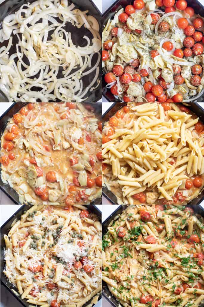 6 pictures of cast irons, one with onions, with tomatoes and artichokes, with sauce, with pasta, with parm cheese, and then all mixed together.