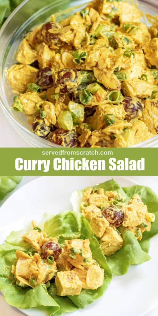 a bowl of curry chicken salad with grapes, Pinterest pin text, and lettuce wraps with the curry chicken salad.