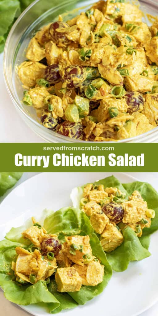 a bow of chicken salad with Pinterest pin text, and a plate of chicken salad in lettuce wraps.
