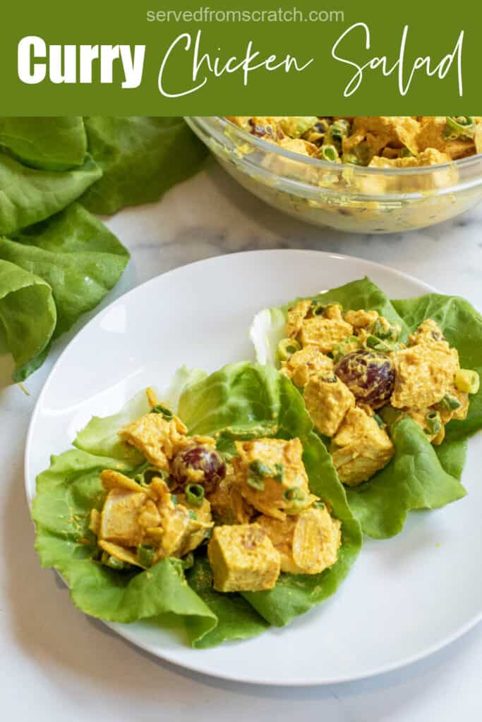 lettuce wraps with curry chicken salad on a plate with Pinterest pin text.