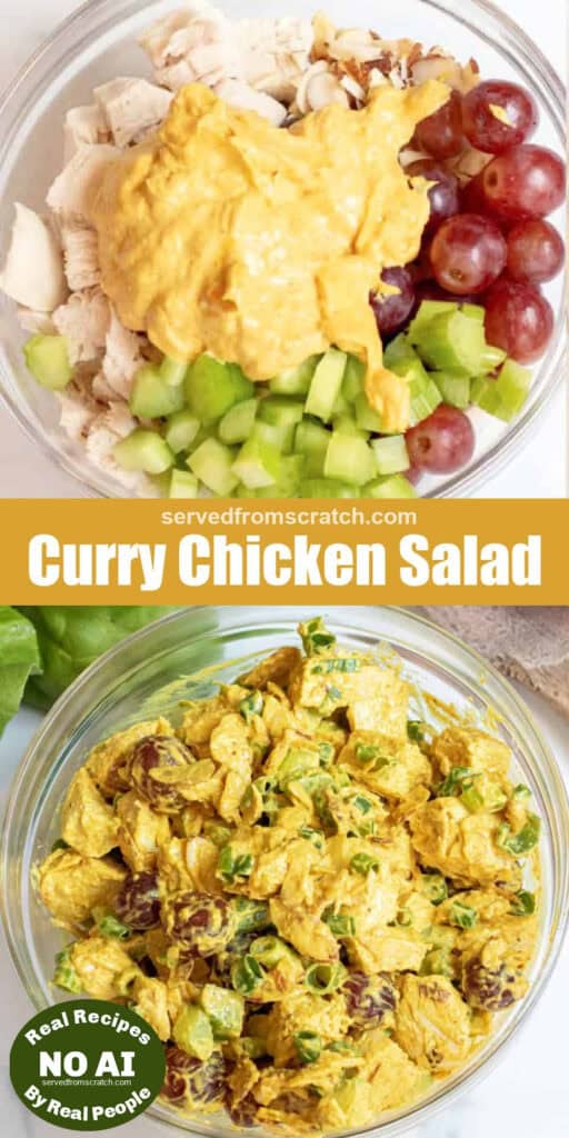 an overhead of a bowl of cooked cubed chicken, grapes, chopped apples, and then a curry mayonnaise, with Pinterest pin text and then a bowl of it all mixed together with a NO AI sticker.