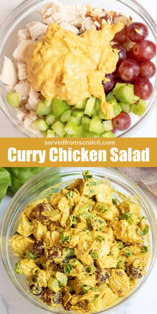 a bowl of grapes, celery, cubed chicken, and curried mayo, with PInterest pin text, and then it all mixed in a bowl.