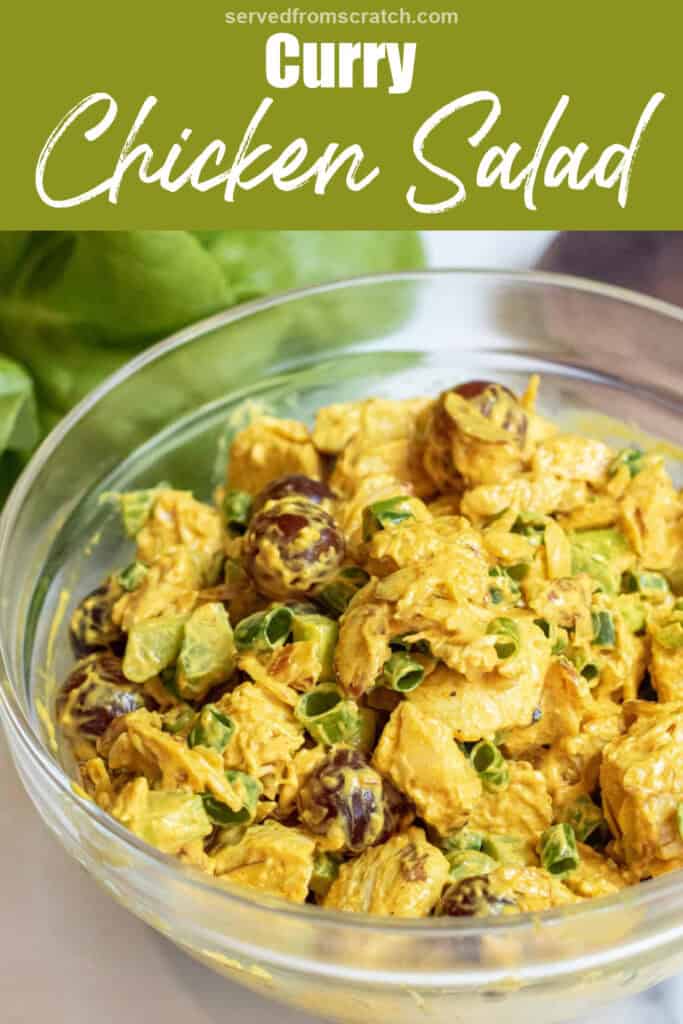 a large bowl of curried chicken salad with grapes and Pinterest pin text.