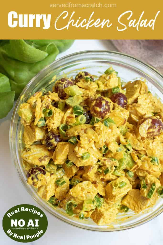 a big bowl of curry chicken salad with grapes and Pinterest pin text and a NO AI sticker.