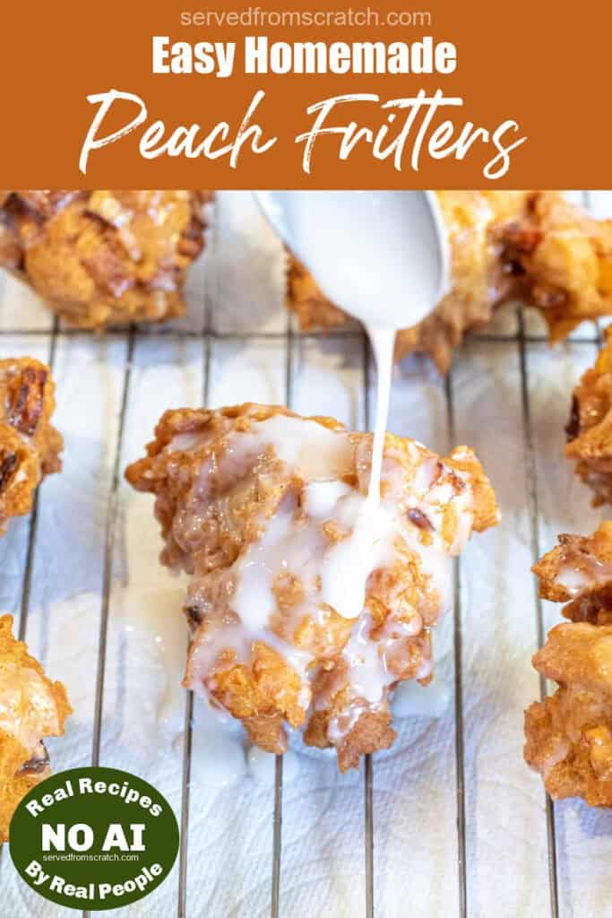 a spoon pouring glaze on a fritter with Pinterest pin text with NO AI sticker.