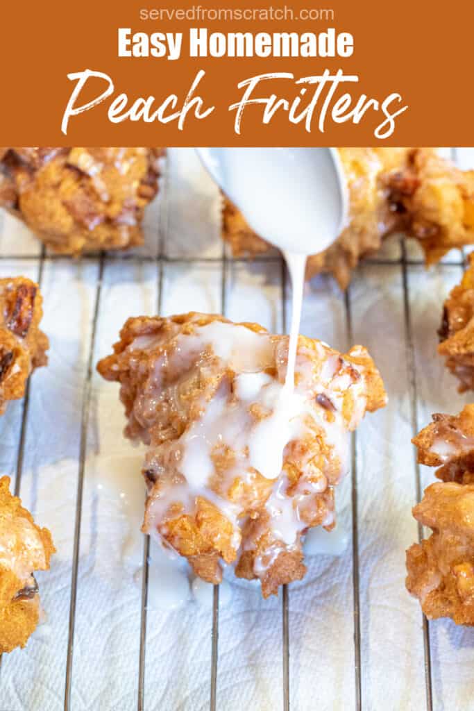 a spoon pouring glaze on a fritter with Pinterest pin text.