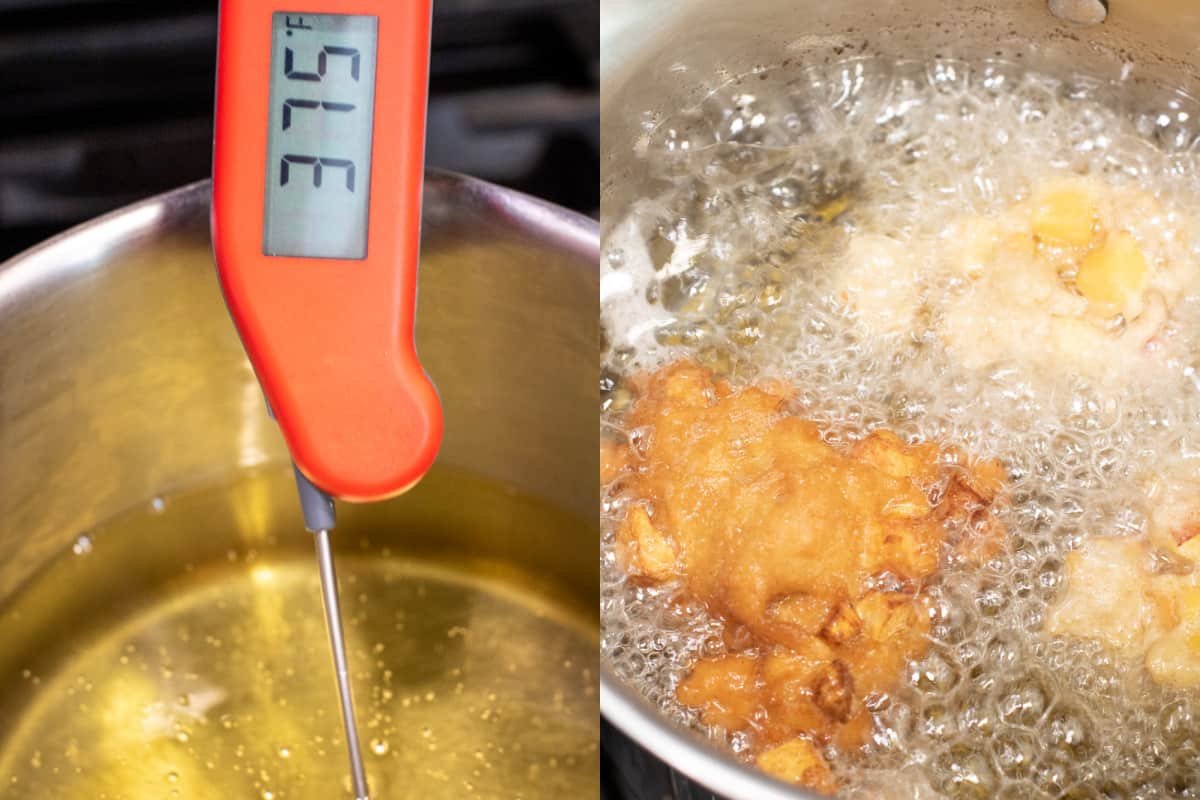 two pictures, first with an instant read thermometer at 375 degrees in oil, and then fritters frying in bubbling oil.