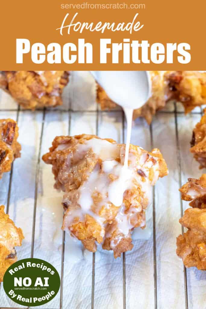 a spoon pouring glaze on a fritter with Pinterest pin text with NO AI sticker.