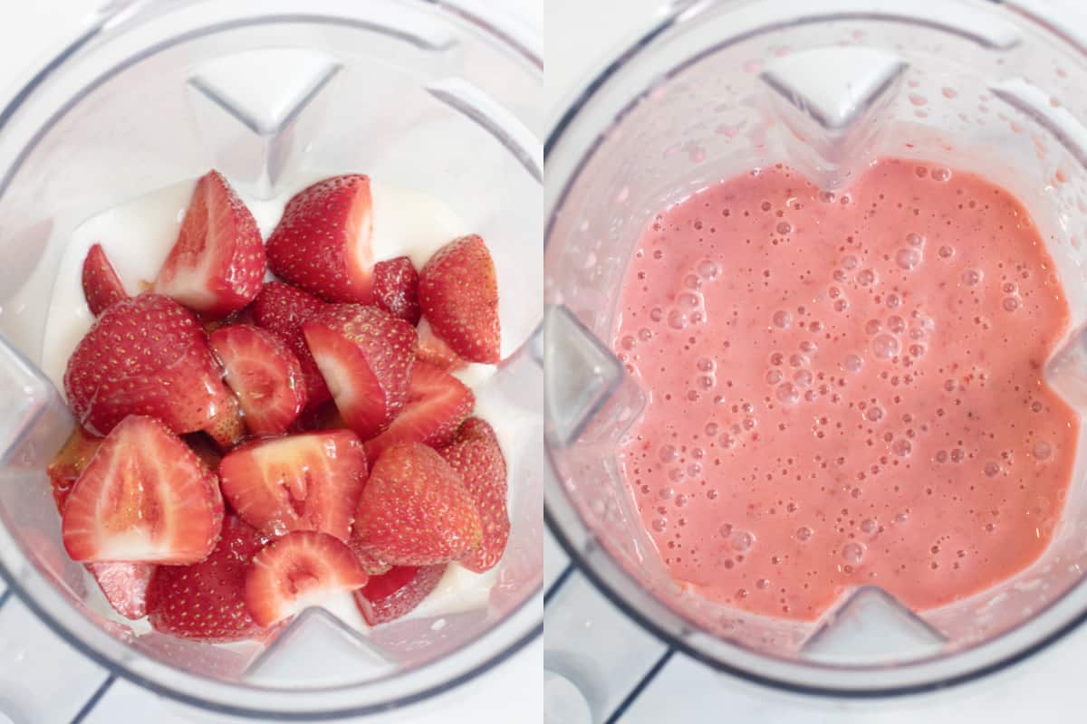 a blender with cut up strawberries and yogurt, and then it all mixed together.