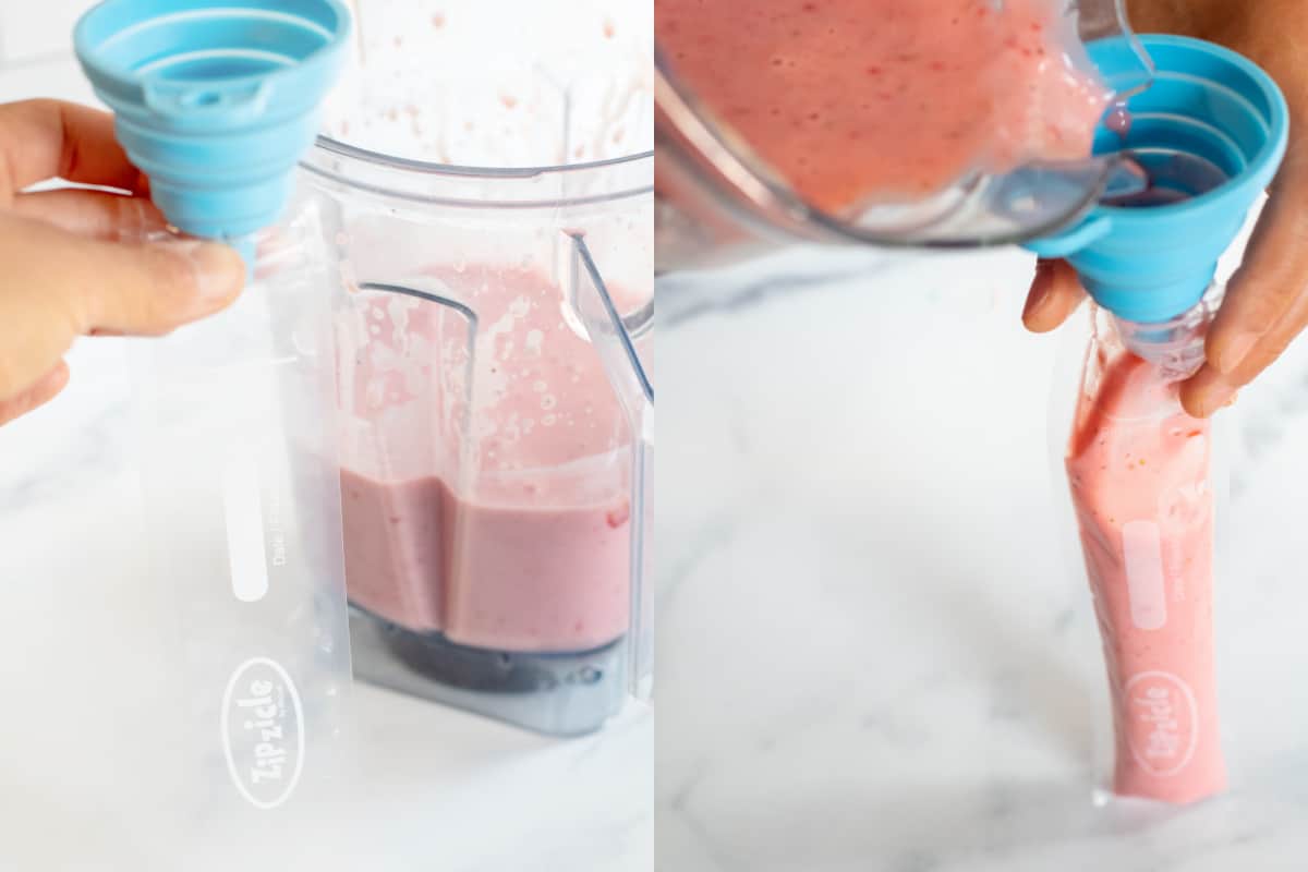 a funnel with gogurt sleeve next to a blender and a pic of the gogurt being poured into the sleeve through a funnel.