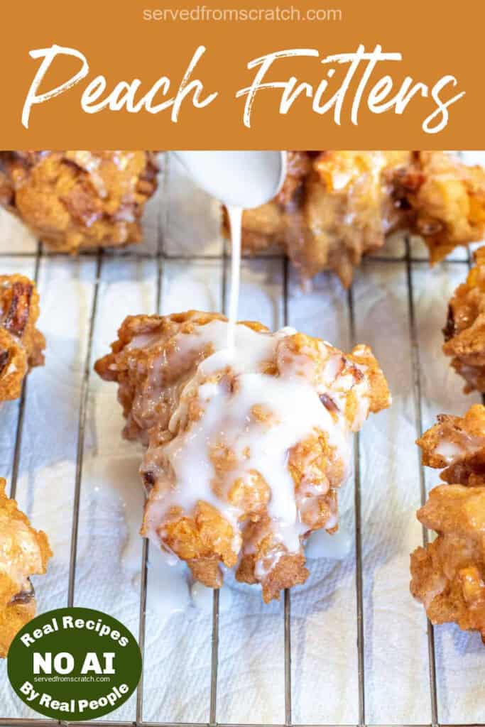 a spoon pouring glaze on a fritter with Pinterest pin text with NO AI sticker.