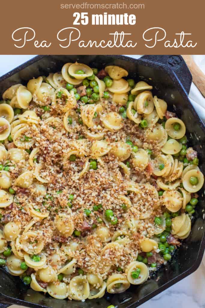 a cooked pasta dish with peas, pancetta, and topped with toasted breadcrumbs with Pinterest pin text.