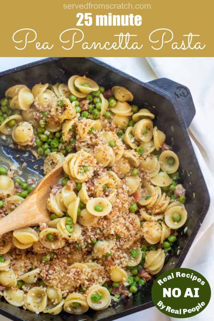 a cast iron with a wooden spoon scooping pasta with peas and pancetta with Pinterest pin text with NO AI sticker.