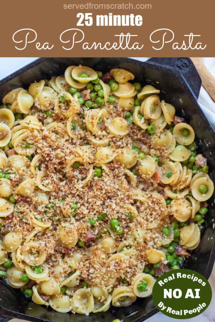 a cooked pasta dish with peas, pancetta, and topped with toasted breadcrumbs with Pinterest pin text with NO AI sticker.