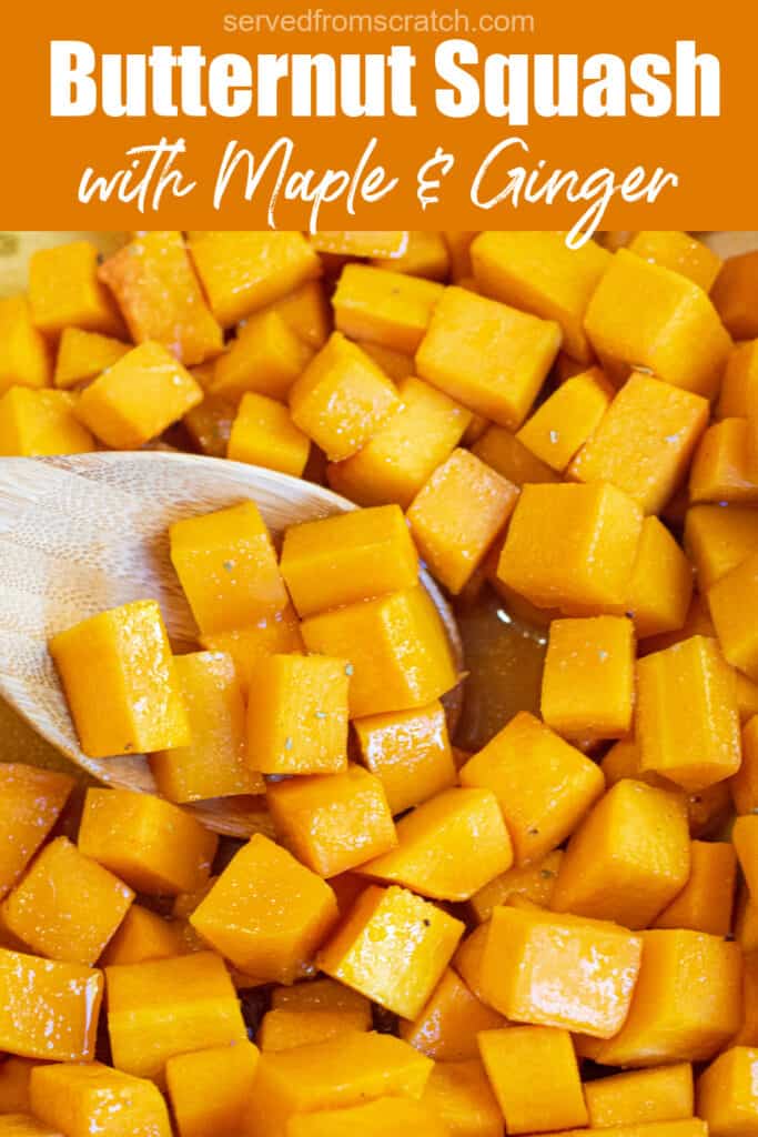 a spoon of butternut squash cooked and cubed with Pinterest pin text.