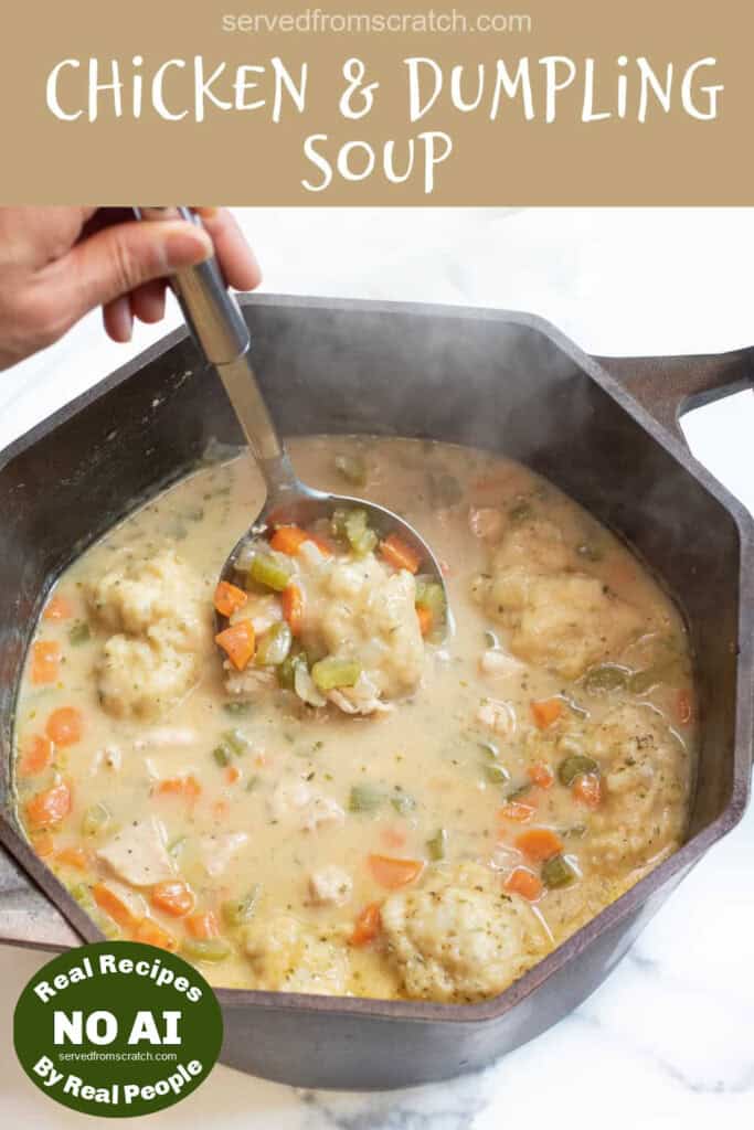 a dutch oven with a ladle in a creamy chicken and dumplings soup with Pinterest pin text with NO AI sticker.