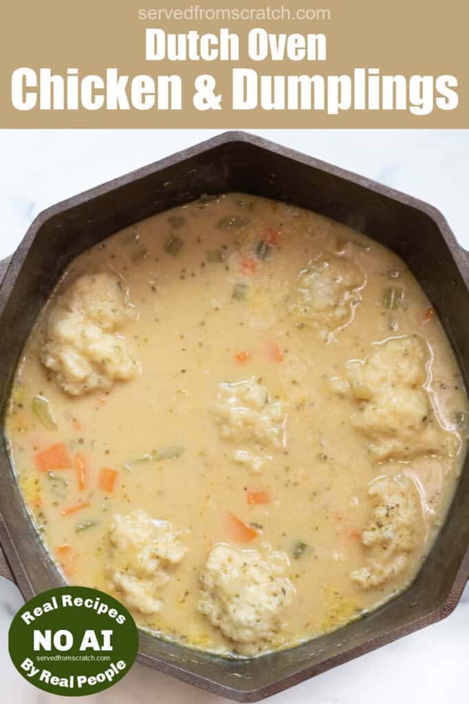 a dutch oven with a creamy chicken and dumplings soup with Pinterest pin text with NO AI sticker.