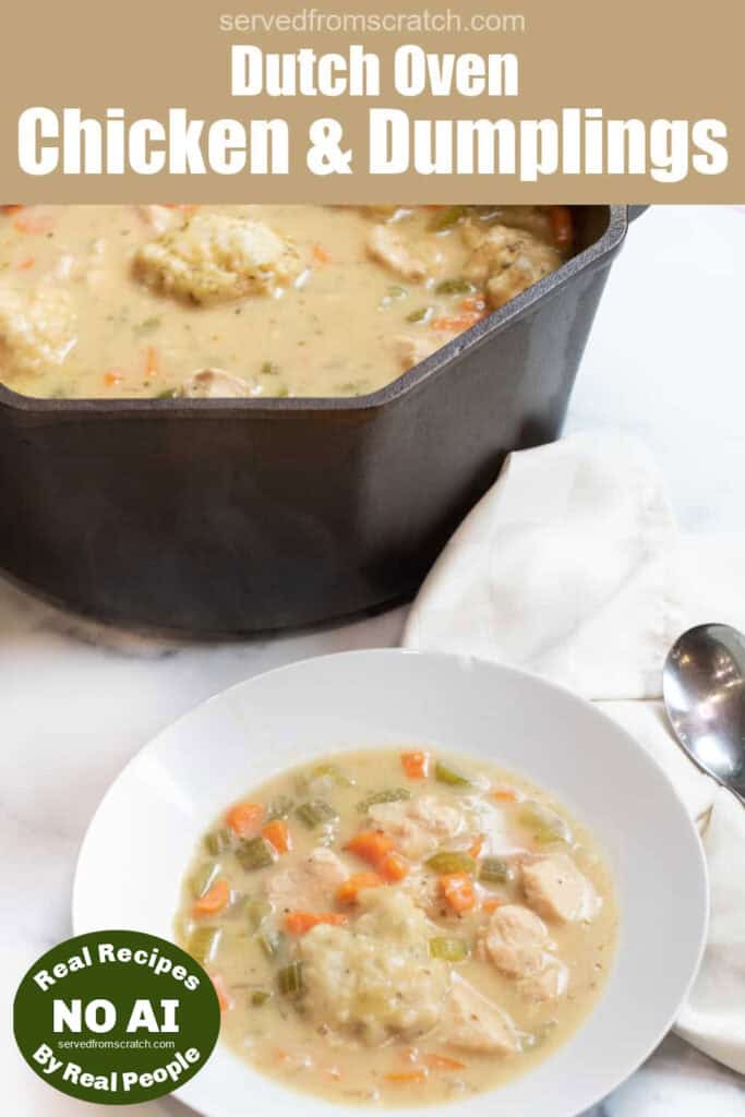 a bowl of creamy soup and dumplings and chicken and a Dutch oven of it all with Pinterest pin text and NO AI sticker.