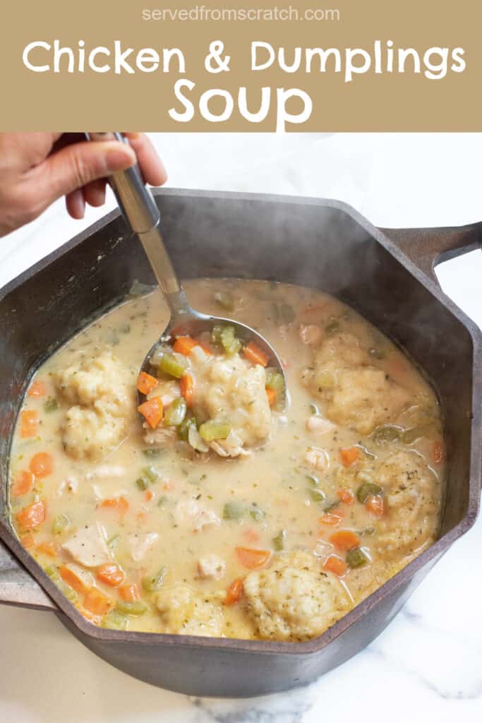 Dutch oven chicken and dumplings soup served from scratch