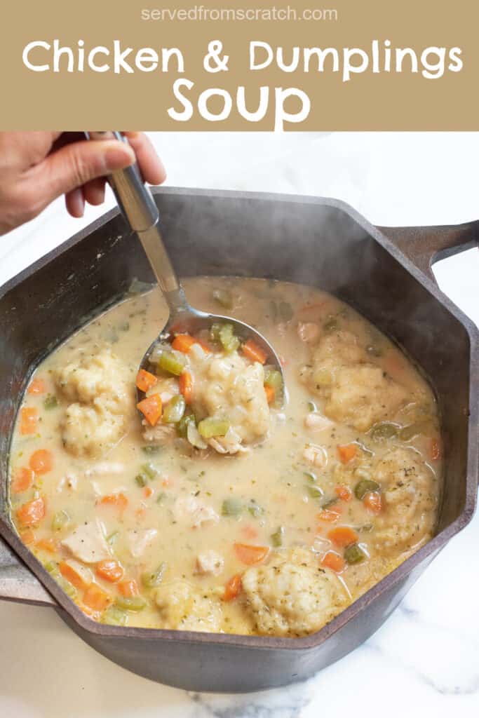 a dutch oven with a ladle in a creamy chicken and dumplings soup with Pinterest pin text.